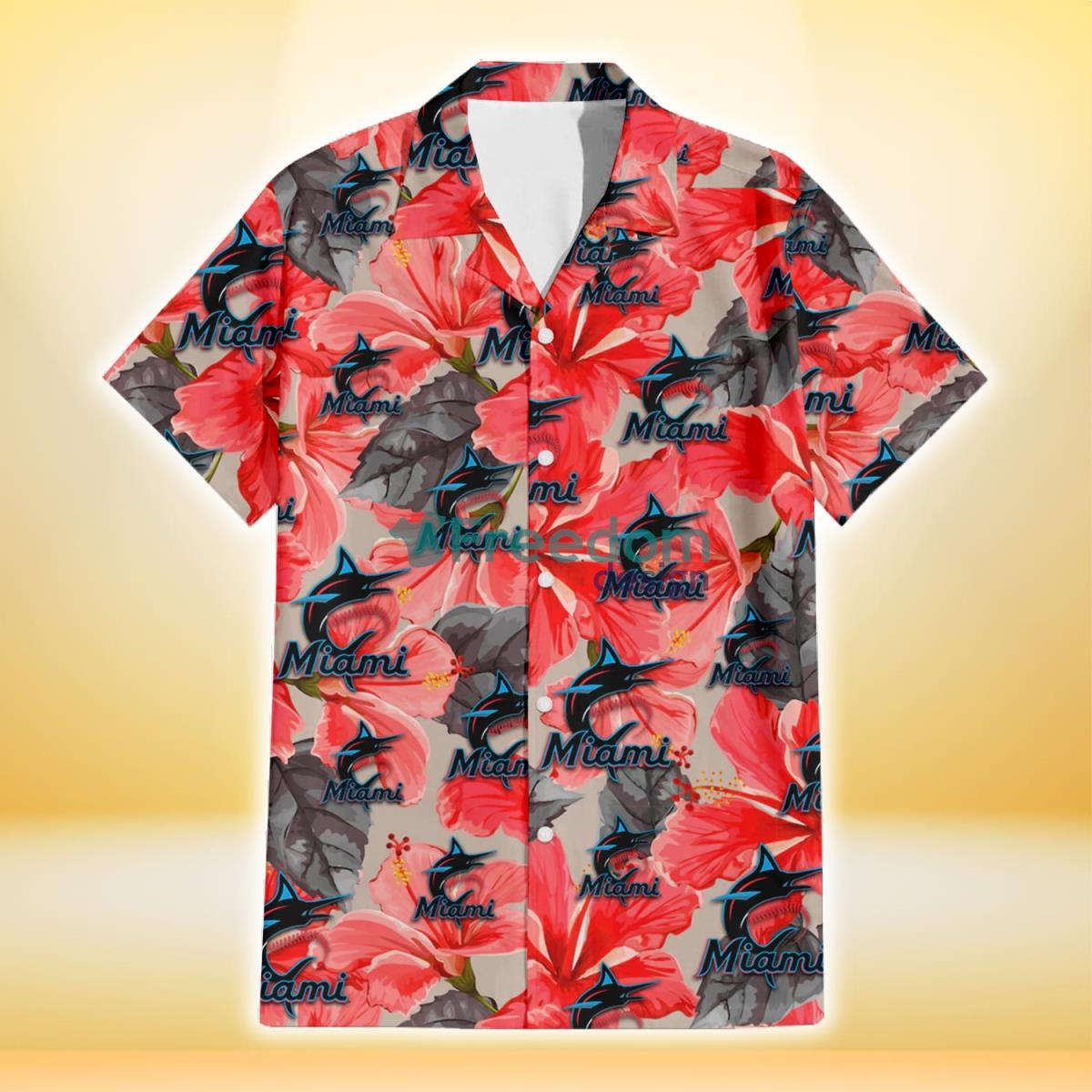 Miami Marlins Red Hibiscus Gray Leaf Beige Background 3D Hawaiian Shirt Gift For Fans Product Photo 2