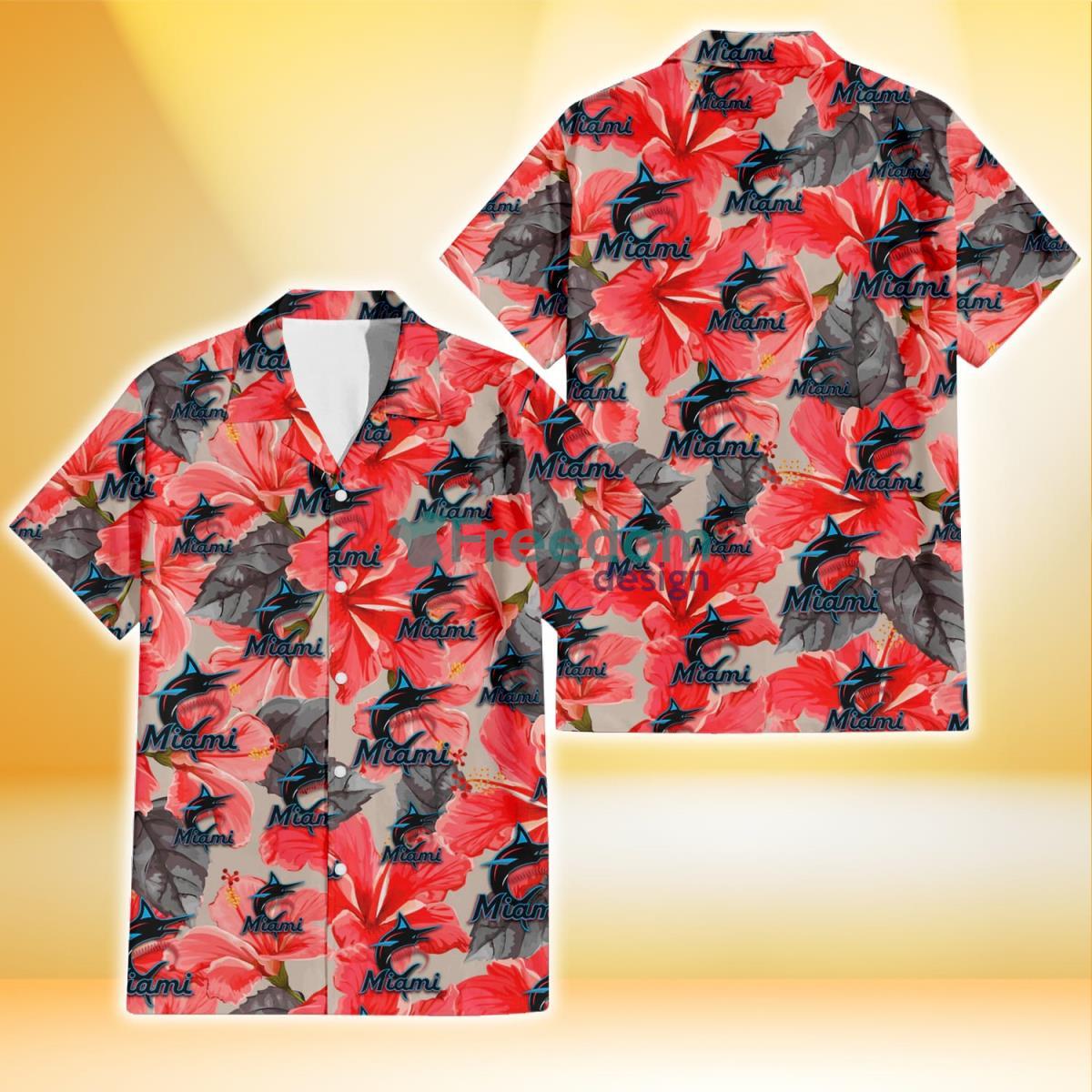 Miami Marlins Red Hibiscus Gray Leaf Beige Background 3D Hawaiian Shirt Gift For Fans Product Photo 1