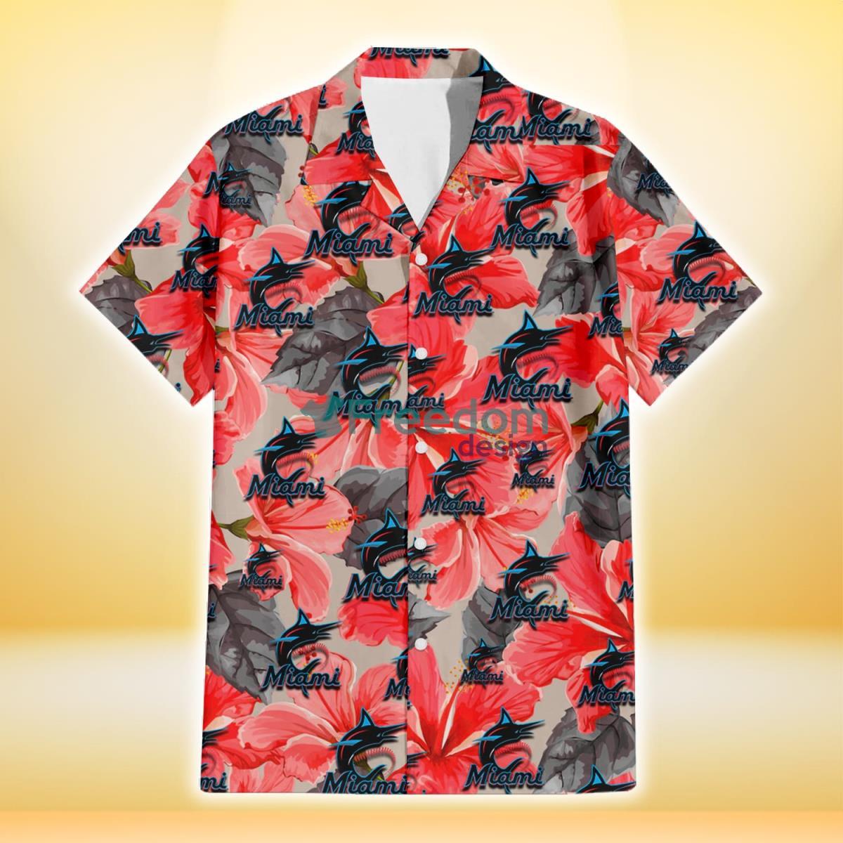 Miami Marlins Red Hibiscus Gray Leaf Gainsboro Background 3D Hawaiian Shirt Gift For Fans Product Photo 2