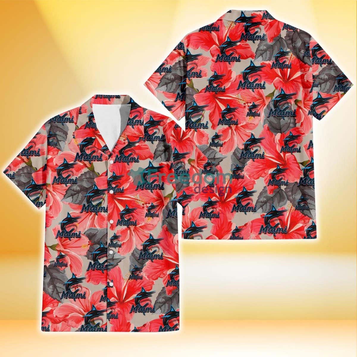 Miami Marlins Red Hibiscus Gray Leaf Gainsboro Background 3D Hawaiian Shirt Gift For Fans Product Photo 1