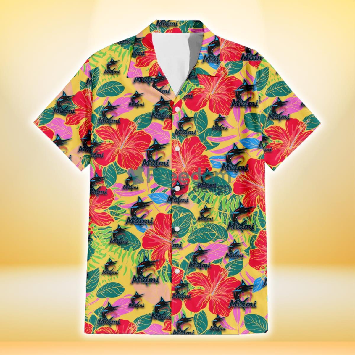 Miami Marlins Red Hibiscus Green Blue Leaf Yellow Background 3D Hawaiian Shirt Gift For Fans Product Photo 2