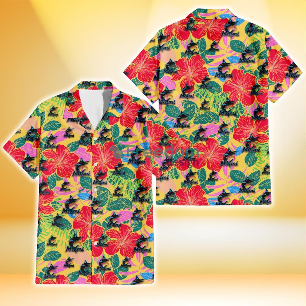 Miami Marlins Red Hibiscus Green Blue Leaf Yellow Background 3D Hawaiian Shirt Gift For Fans Product Photo 1