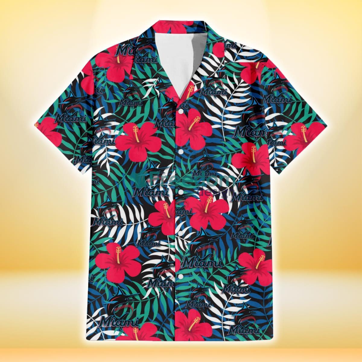 Miami Marlins Red Hibiscus Green Blue White Leaf Black Background 3D Hawaiian Shirt Gift For Fans Product Photo 2