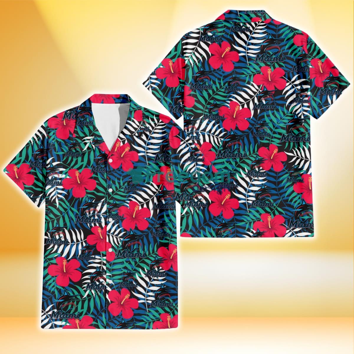 Miami Marlins Red Hibiscus Green Blue White Leaf Black Background 3D Hawaiian Shirt Gift For Fans Product Photo 1