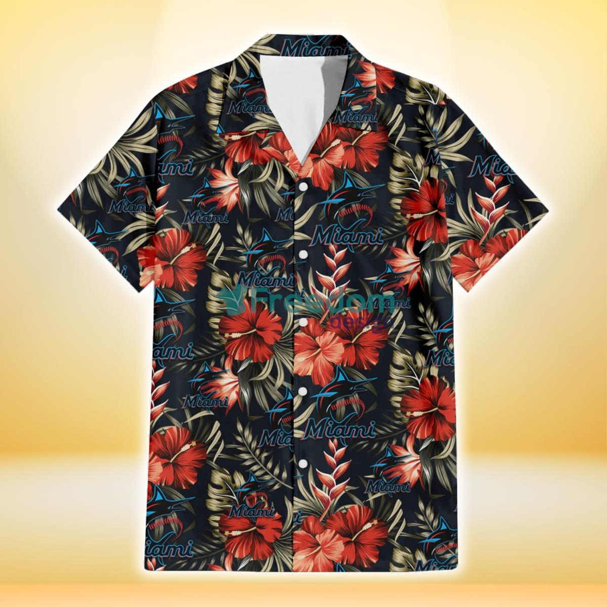 Miami Marlins Red Hibiscus Green Leaf Dark Background 3D Hawaiian Shirt Gift For Fans Product Photo 2