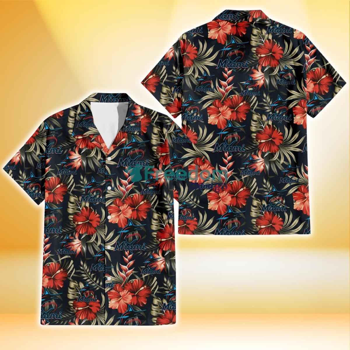 Miami Marlins Red Hibiscus Green Leaf Dark Background 3D Hawaiian Shirt Gift For Fans Product Photo 1