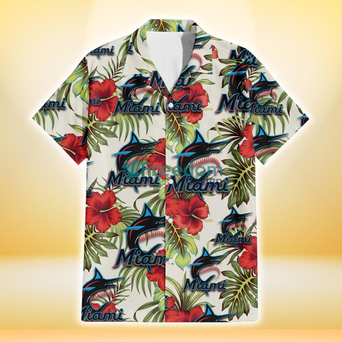 Miami Marlins Red Hibiscus Green Tropical Leaf Cream Background 3D Hawaiian Shirt Gift For Fans Product Photo 2