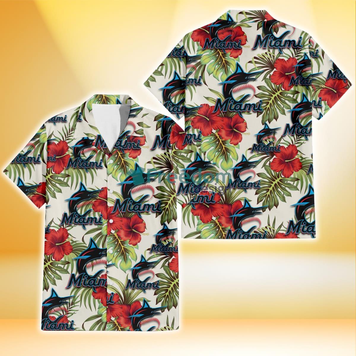 Miami Marlins Big Logo And Light Coral Hibiscus 3D Hawaiian Shirt