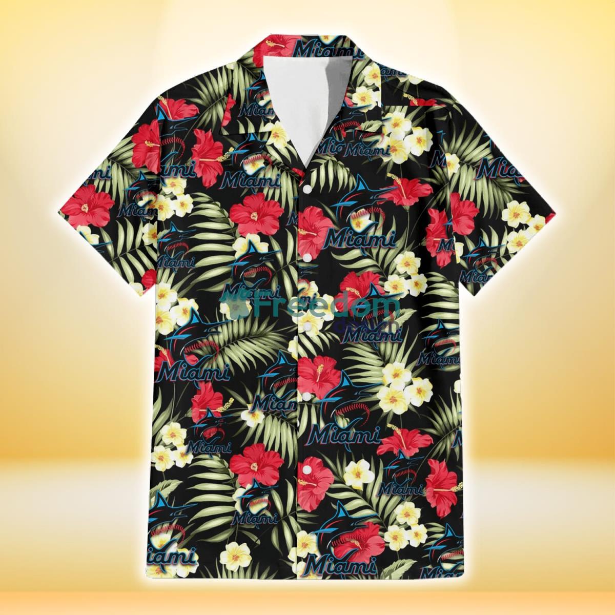 Miami Marlins Red Hibiscus Yellow Porcelain Flower Black Background 3D Hawaiian Shirt Gift For Fans Product Photo 2