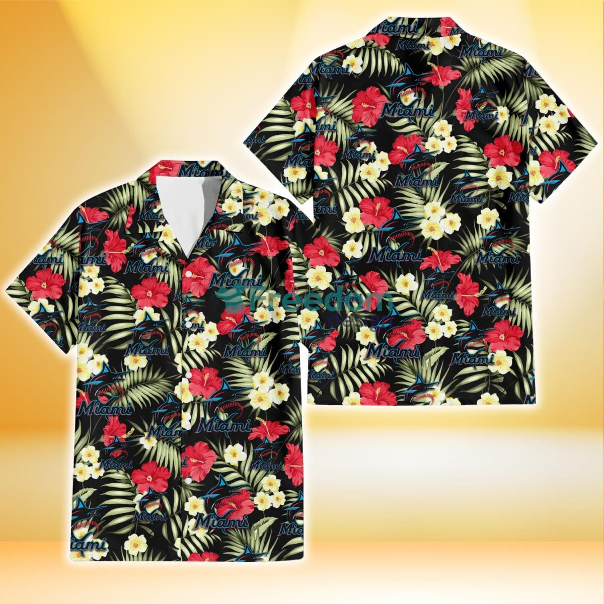 Miami Marlins Red Hibiscus Yellow Porcelain Flower Black Background 3D Hawaiian Shirt Gift For Fans Product Photo 1