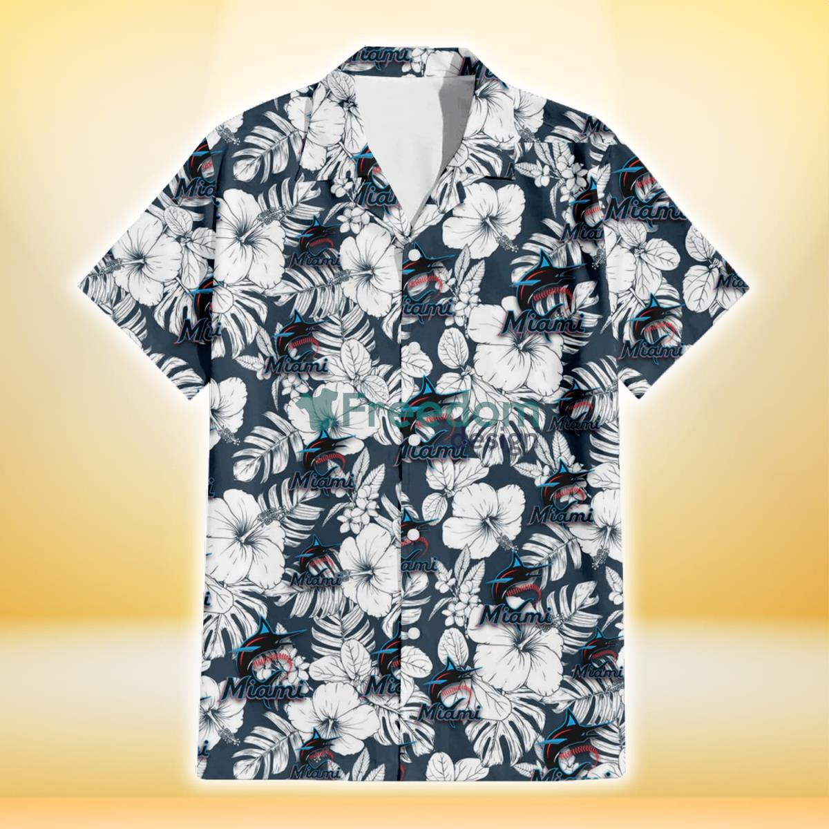 Miami Marlins Sketch Hibiscus Leaf Dark Gray Background 3D Hawaiian Shirt Gift For Fans Product Photo 2