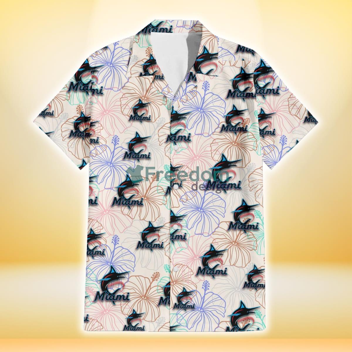 Miami Marlins Sketch Pastel Hibiscus Beige Background 3D Hawaiian Shirt Gift For Fans Product Photo 2