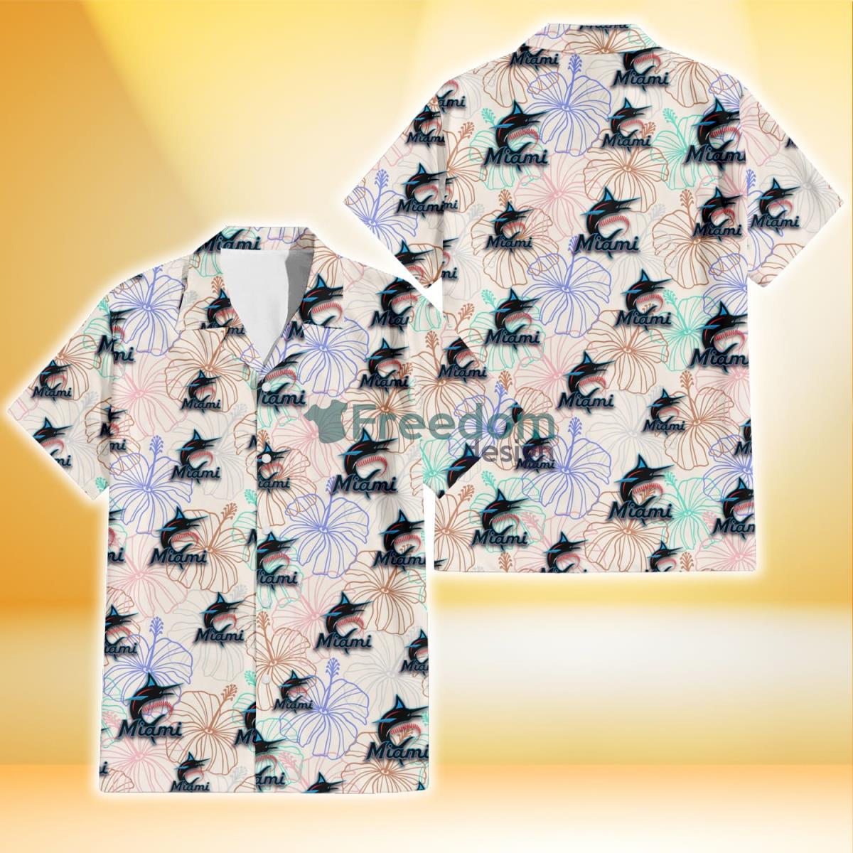 Miami Marlins Sketch Pastel Hibiscus Beige Background 3D Hawaiian Shirt Gift For Fans Product Photo 1