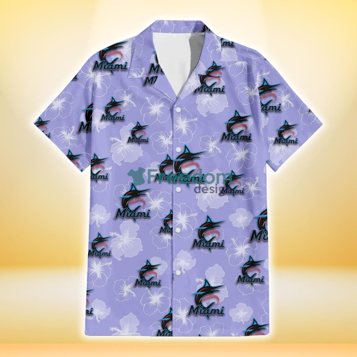 Miami Marlins Sketch White Hibiscus Violet Background 3D Hawaiian Shirt Gift For Fans Product Photo 2