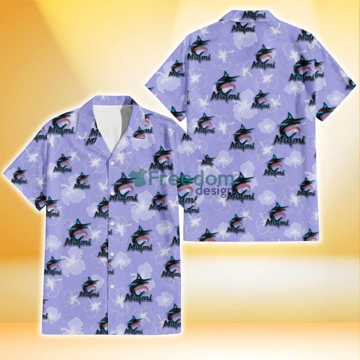 Miami Marlins Sketch White Hibiscus Violet Background 3D Hawaiian Shirt Gift For Fans Product Photo 1