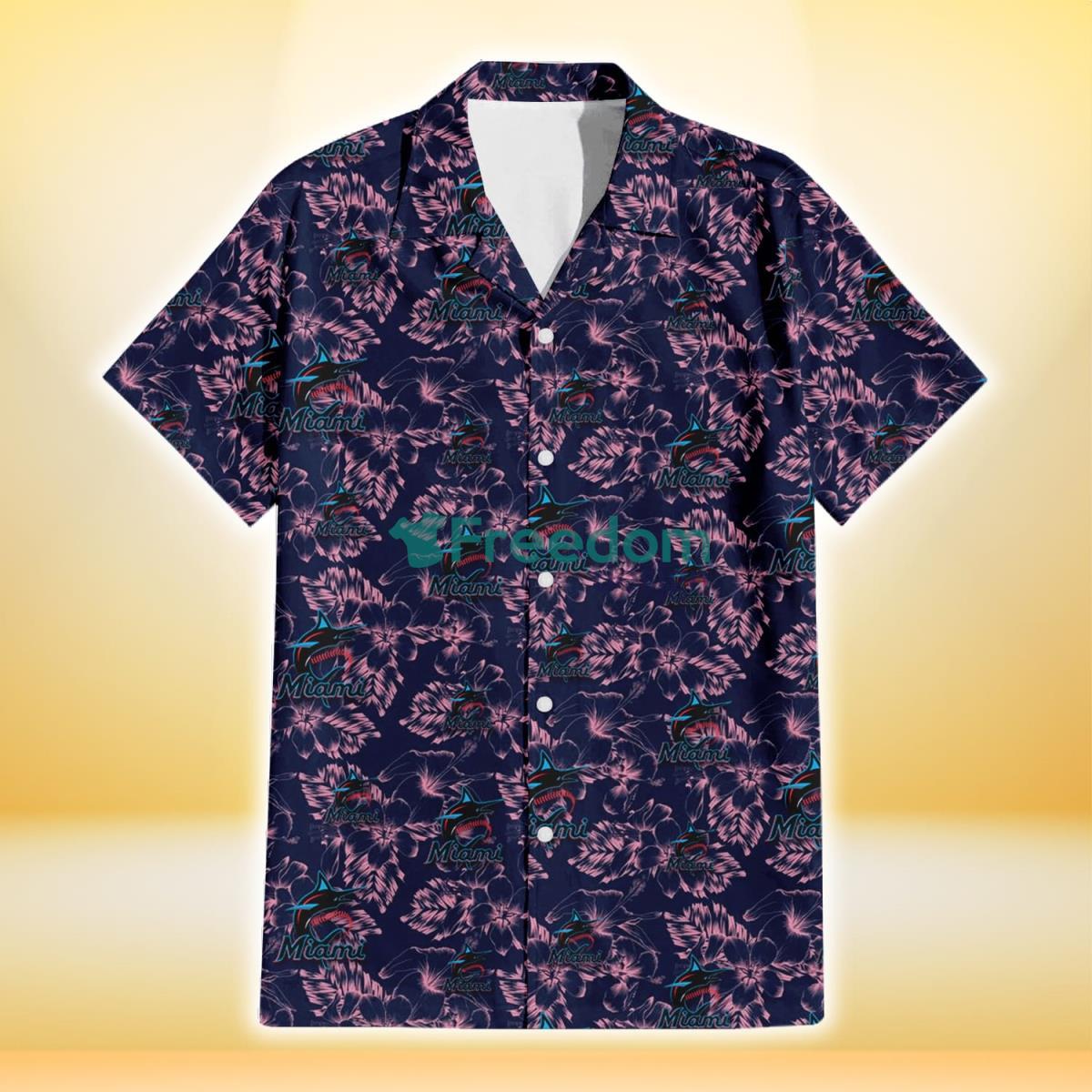 Miami Marlins Thistle Sketch Hibiscus Dark Slate Blue Background 3D Hawaiian Shirt Gift For Fans Product Photo 2