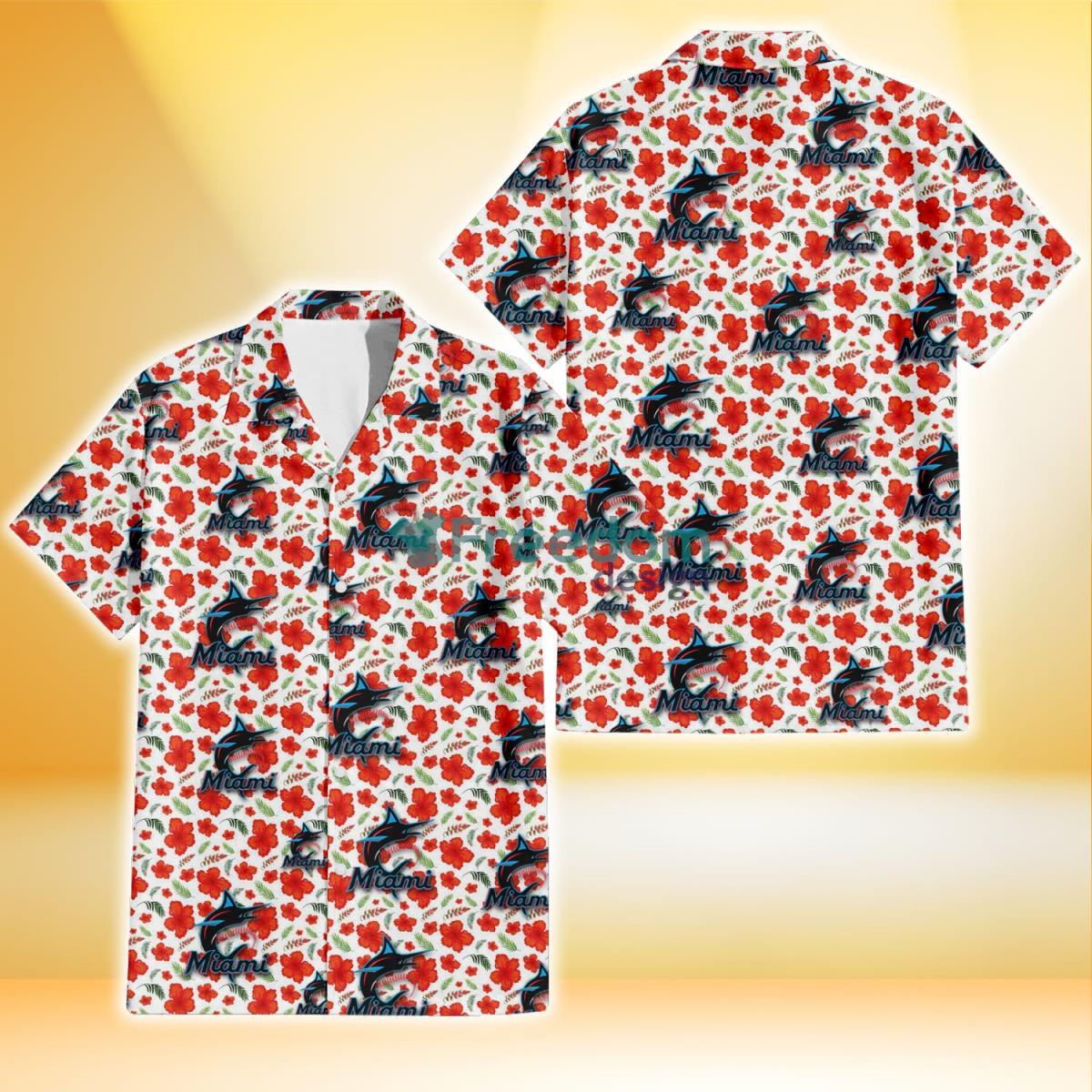 Miami Marlins Tiny Red Hibiscus Green Leaf White Cube Background 3D Hawaiian Shirt Gift For Fans Product Photo 1