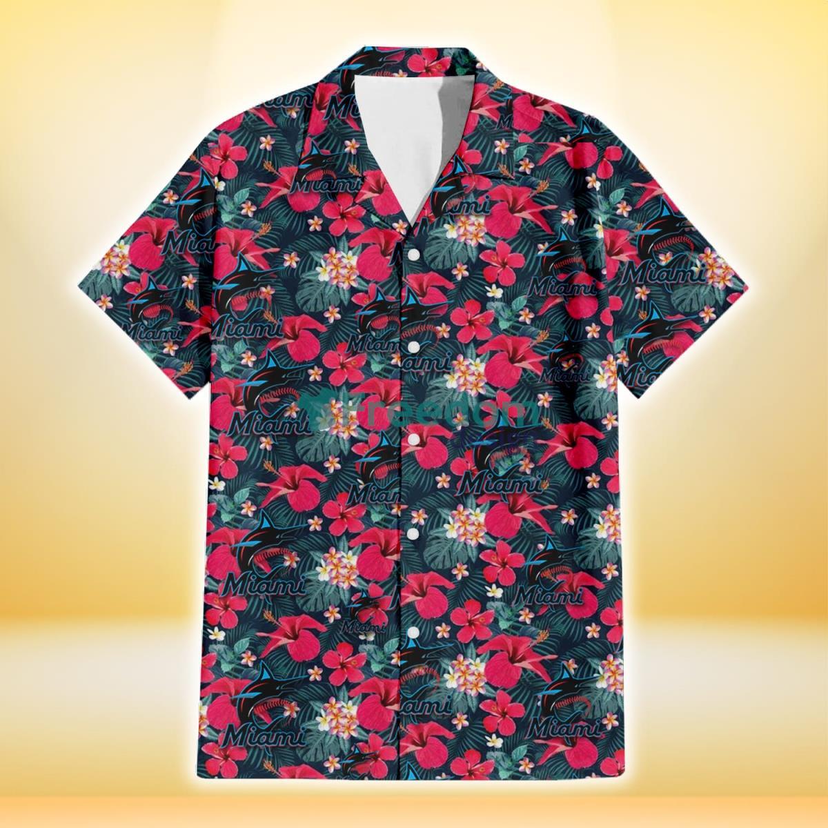 Miami Marlins Tiny Red Hibiscus White Porcelain Flower Black Background 3D Hawaiian Shirt Gift For Fans Product Photo 2