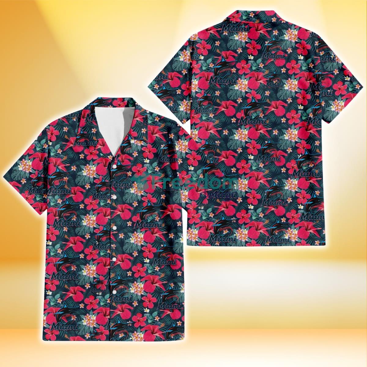 Miami Marlins Tiny Red Hibiscus White Porcelain Flower Black Background 3D Hawaiian Shirt Gift For Fans Product Photo 1