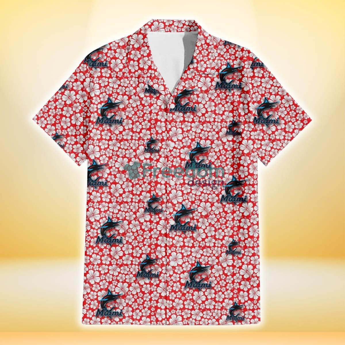 Miami Marlins Tiny White Hibiscus Pattern Red Background 3D Hawaiian Shirt Gift For Fans Product Photo 2