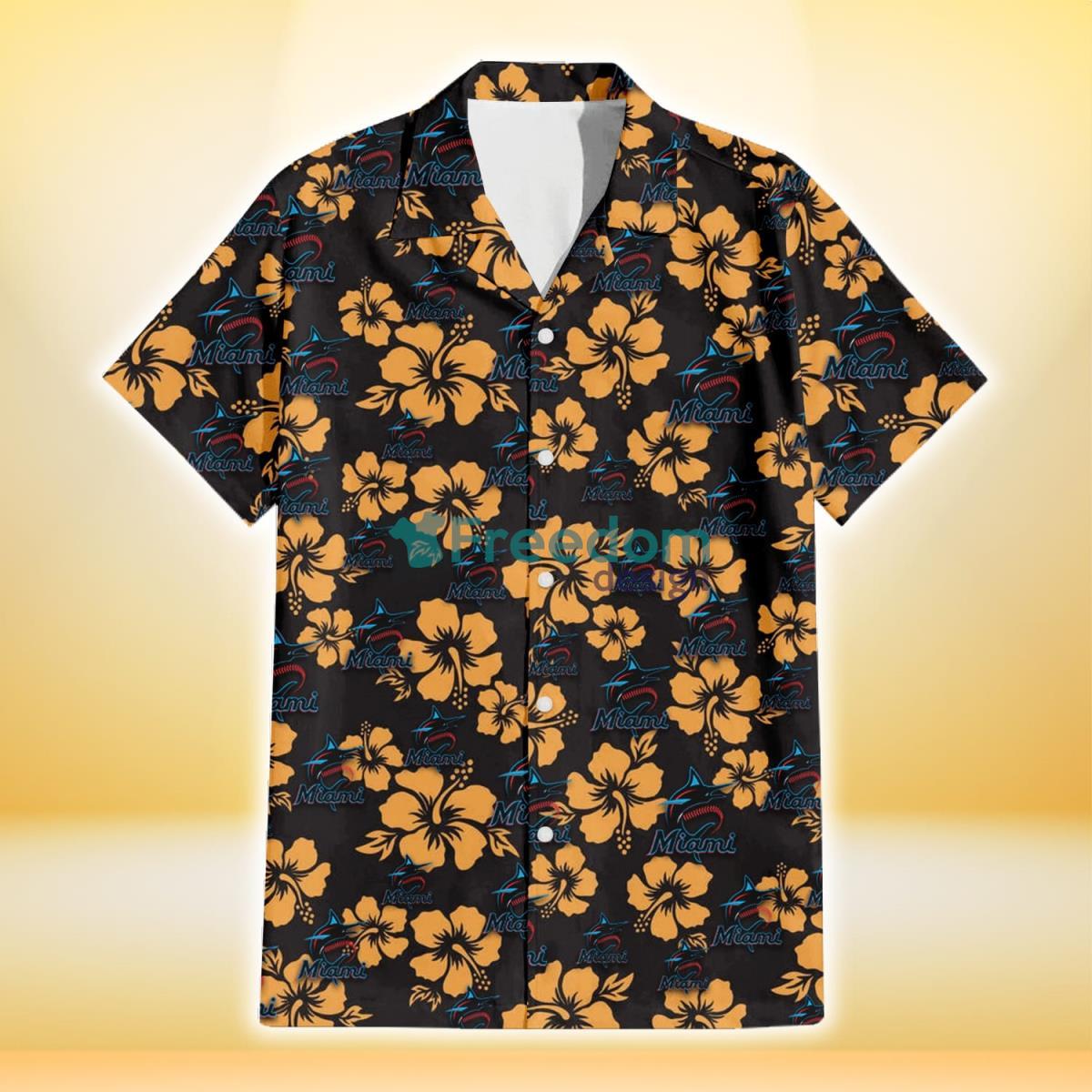 Miami Marlins Tiny Yellow Hibiscus Black Background 3D Hawaiian Shirt Gift For Fans Product Photo 2