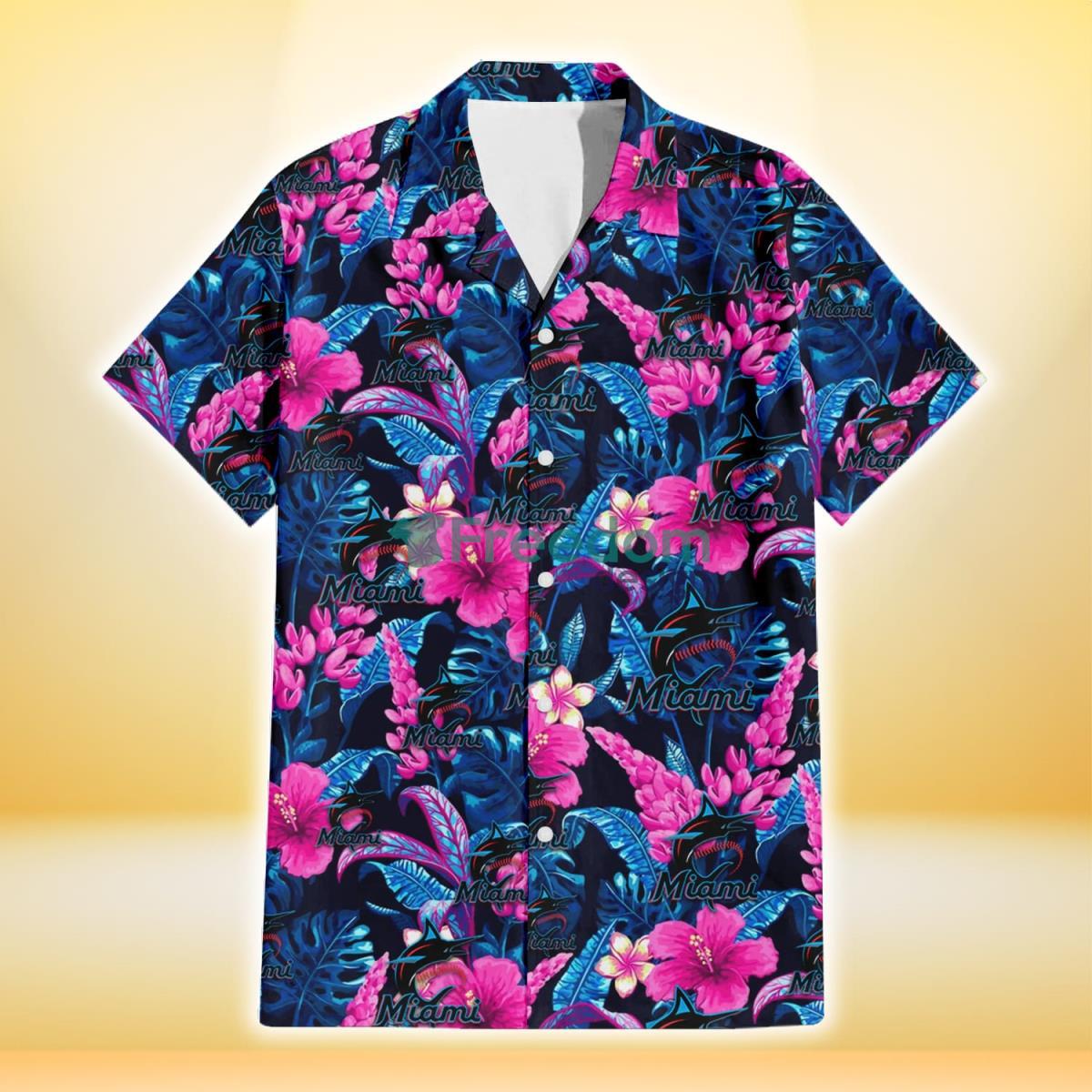 Miami Marlins Violet Red Hibiscus Blue Leaf Black Background 3D Hawaiian Shirt Gift For Fans Product Photo 2