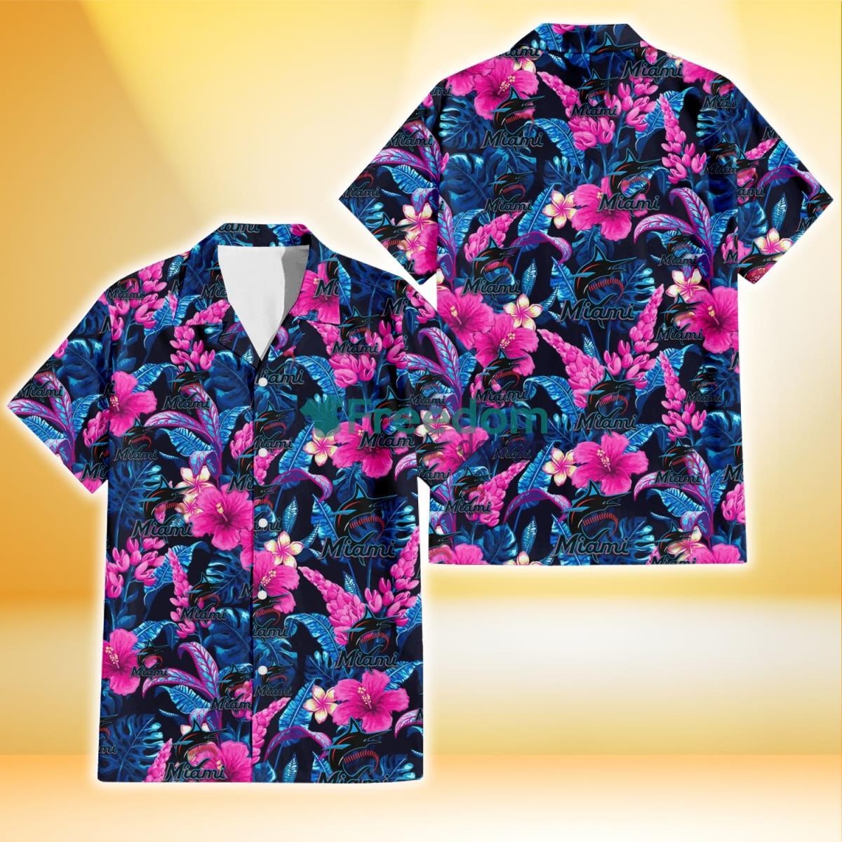 Miami Marlins Violet Red Hibiscus Blue Leaf Black Background 3D Hawaiian Shirt Gift For Fans Product Photo 1