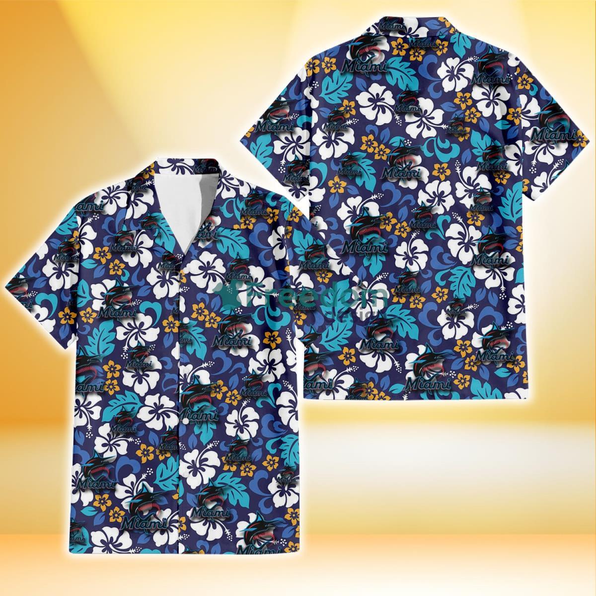 Miami Marlins White Hibiscus Ceramic Style Navy Background 3D Hawaiian Shirt Gift For Fans Product Photo 1