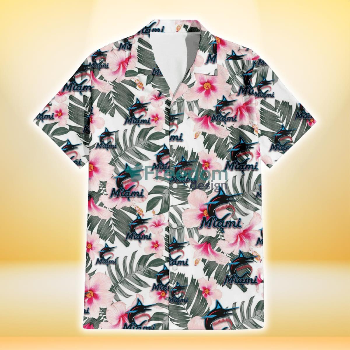 Miami Marlins White Hibiscus Green Leaf White Background 3D Hawaiian Shirt Gift For Fans Product Photo 2