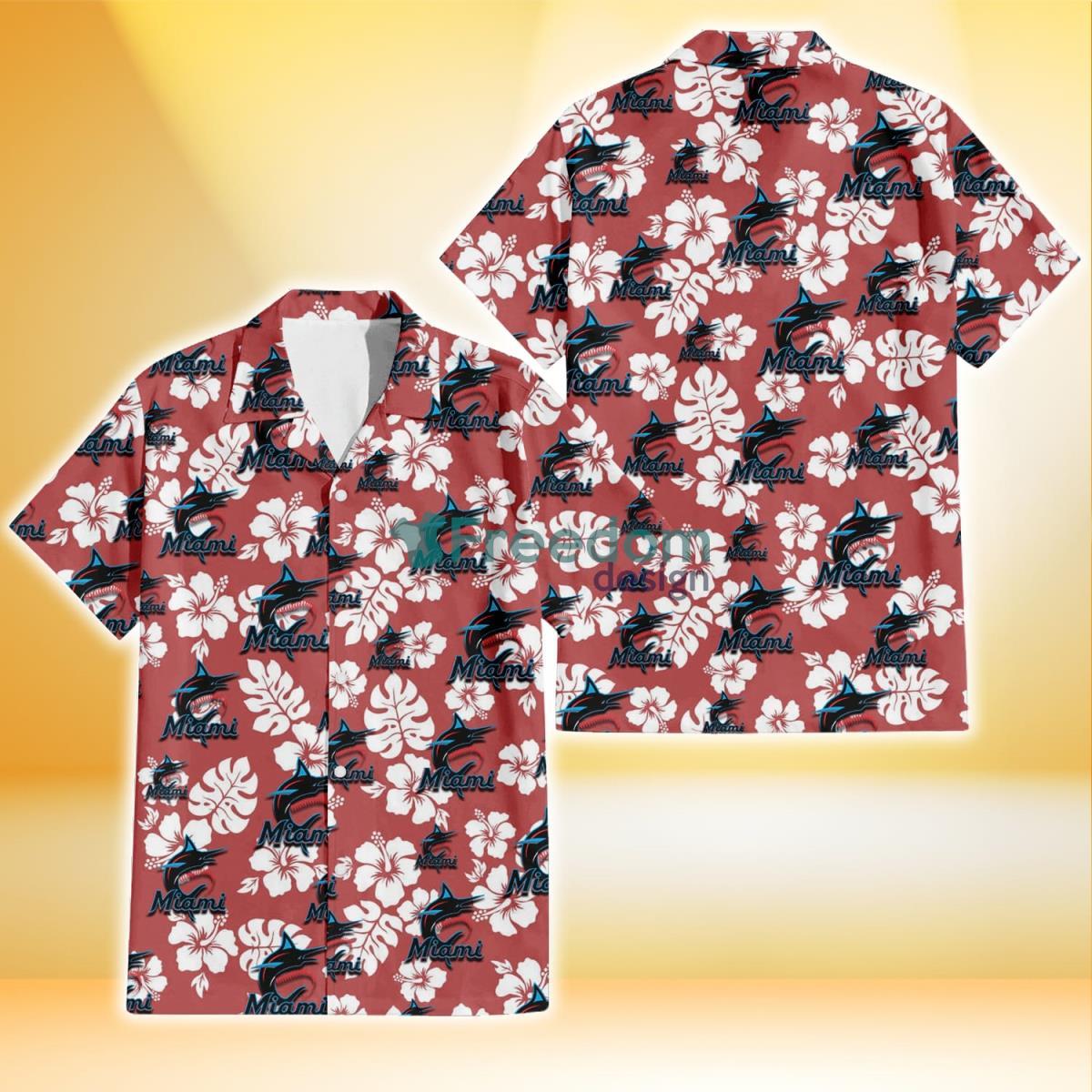 Miami Marlins White Hibiscus Indian Red Background 3D Hawaiian Shirt Gift For Fans Product Photo 1