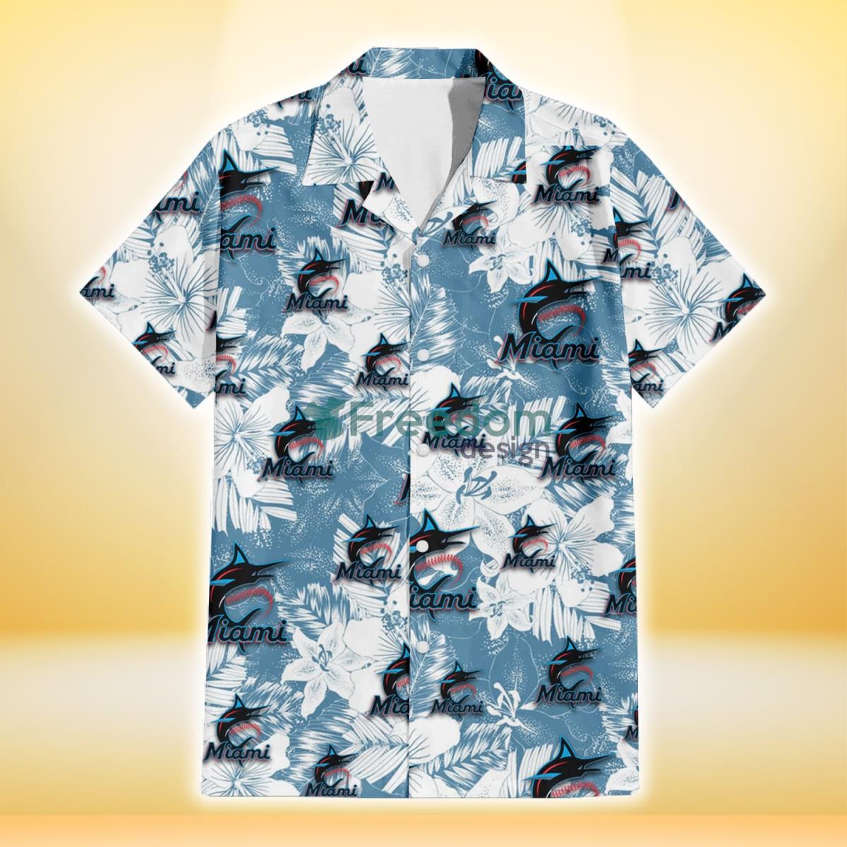 Miami Marlins White Hibiscus Orchid Light Blue Background 3D Hawaiian Shirt Gift For Fans Product Photo 2