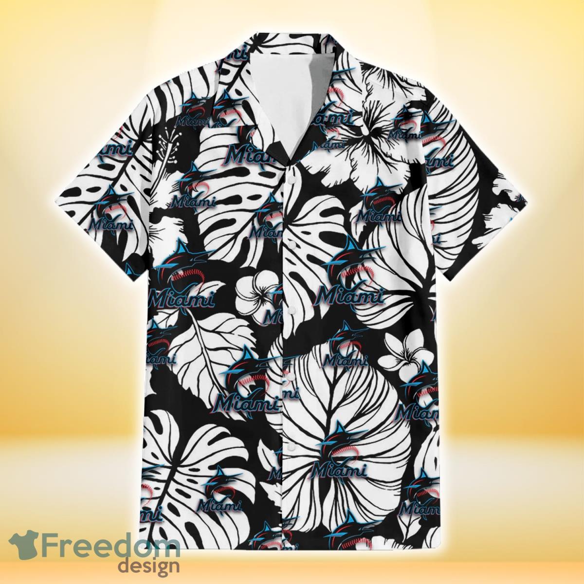 Miami Marlins White Hibiscus Porcelain Flower Palm Leaf Black 3D Hawaiian Shirt Gift For Fans Product Photo 2