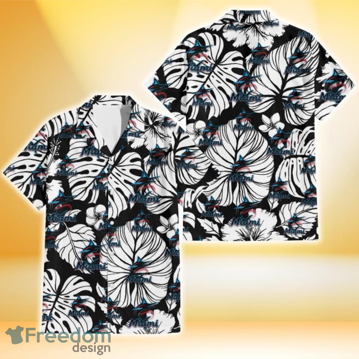 Miami Marlins White Hibiscus Porcelain Flower Palm Leaf Black 3D Hawaiian Shirt Gift For Fans Product Photo 1