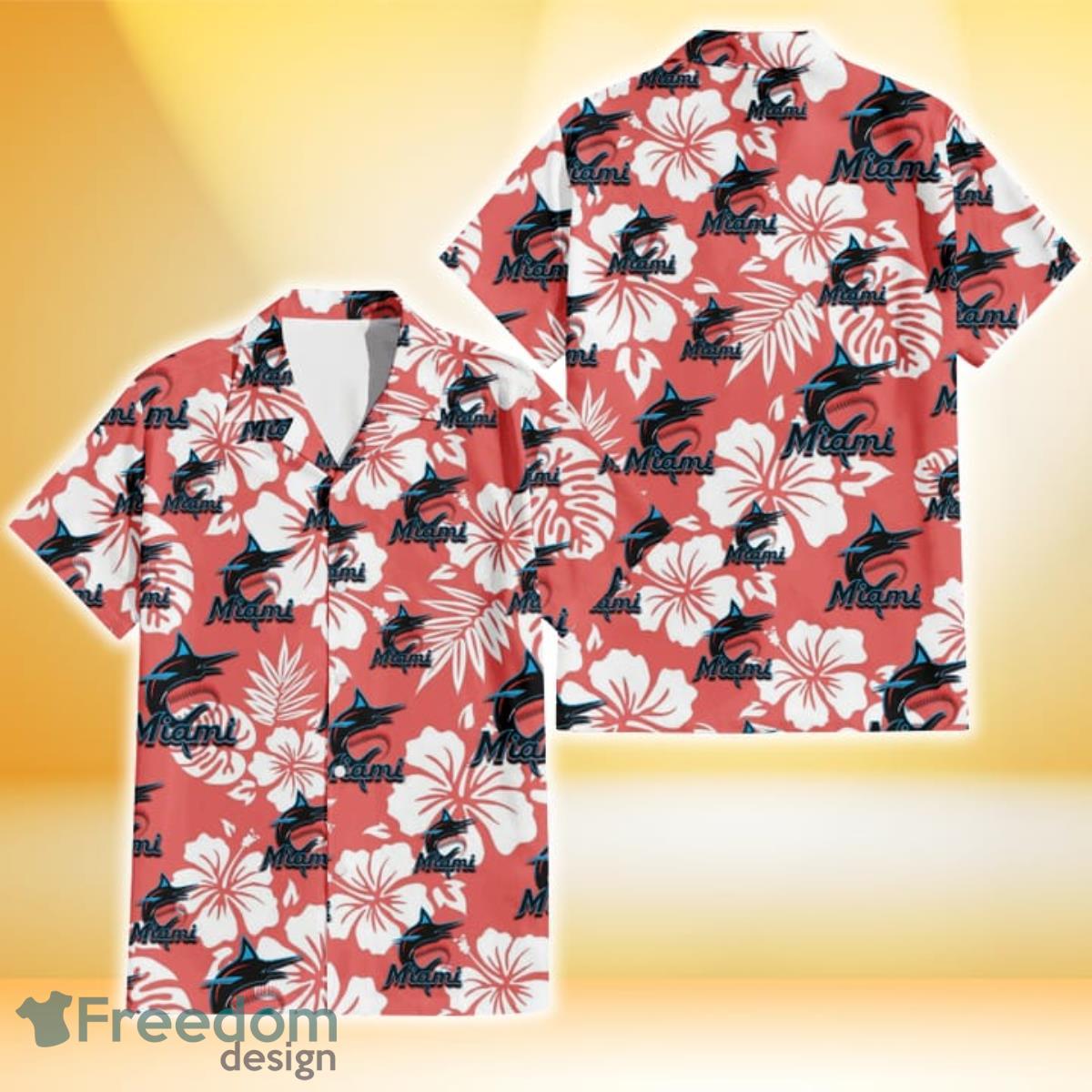 Miami Marlins White Hibiscus Salmon Background 3D Hawaiian Shirt Gift For Fans Product Photo 1