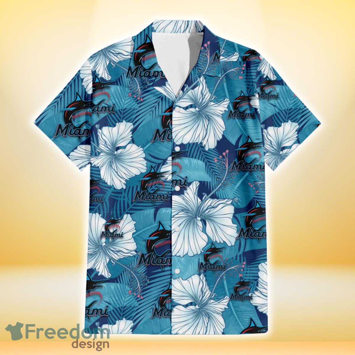 Miami Marlins White Hibiscus Turquoise Banana Leaf Navy Background 3D Hawaiian Shirt Gift For Fans Product Photo 2