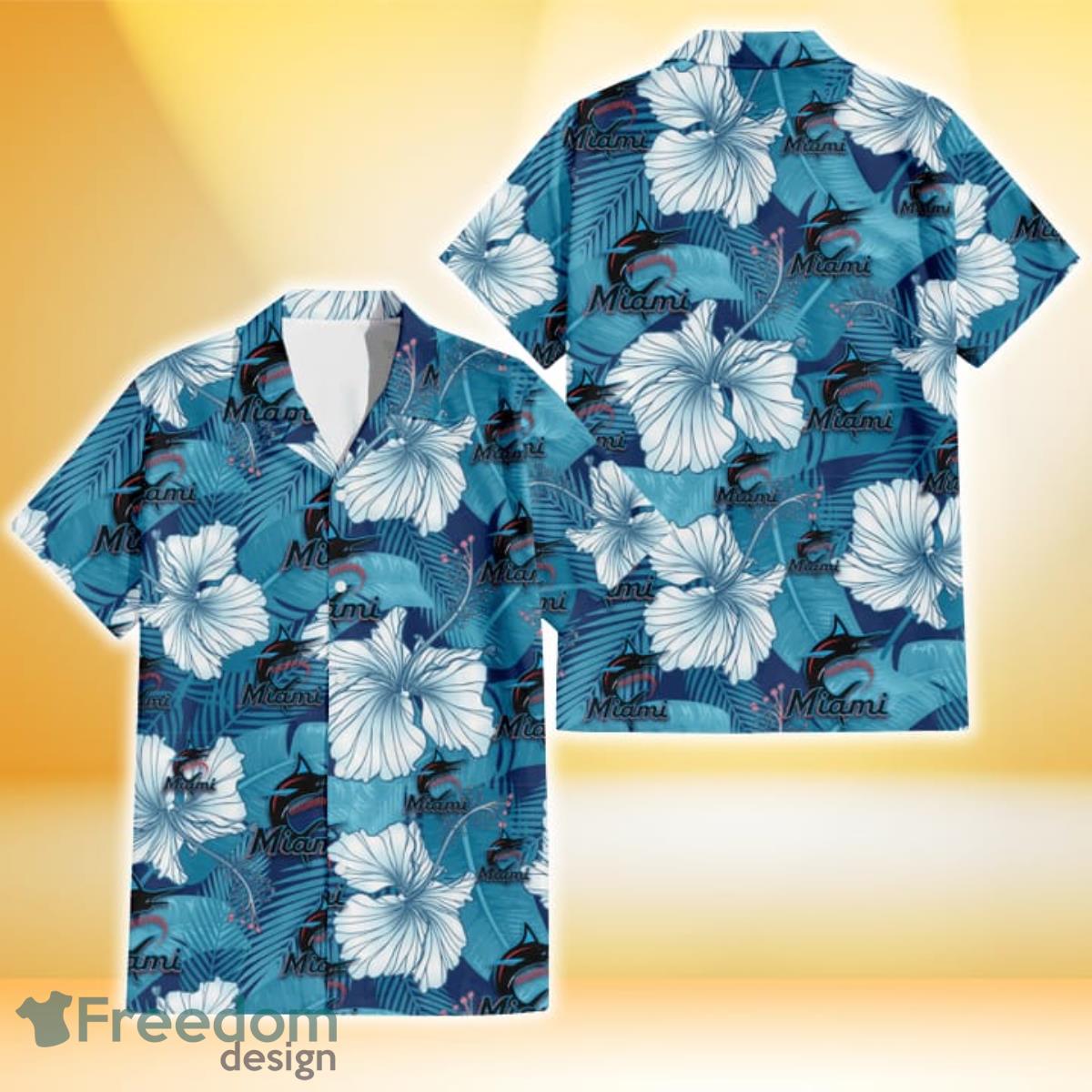 Miami Marlins White Hibiscus Turquoise Banana Leaf Navy Background 3D Hawaiian Shirt Gift For Fans Product Photo 1