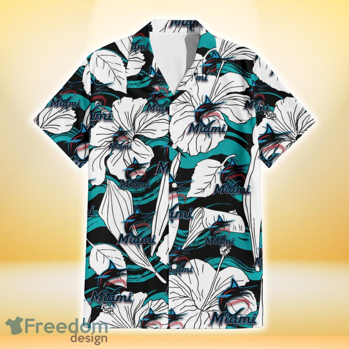 Miami Marlins White Hibiscus Turquoise Wave Black Background 3D Hawaiian Shirt Gift For Fans Product Photo 2