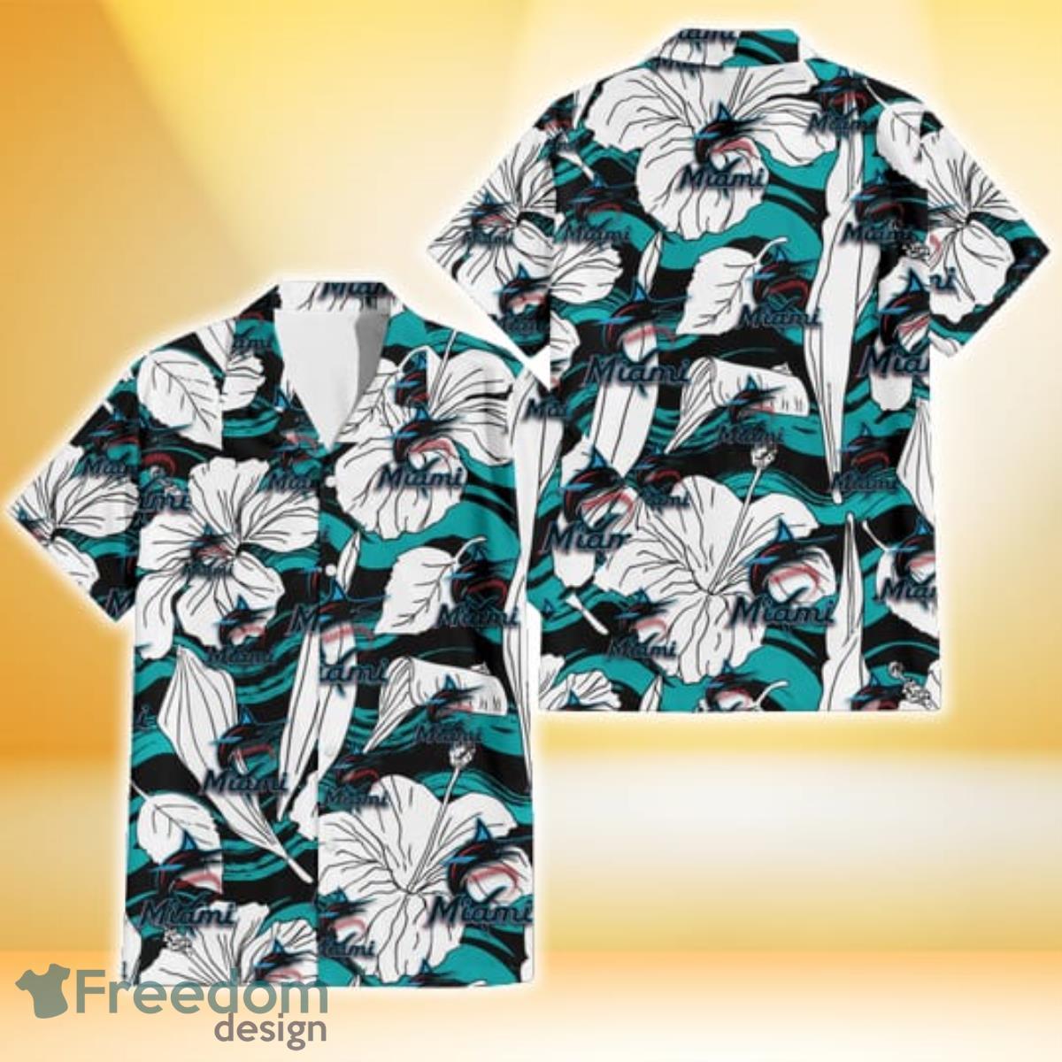 Miami Marlins White Hibiscus Turquoise Wave Black Background 3D Hawaiian Shirt Gift For Fans Product Photo 1