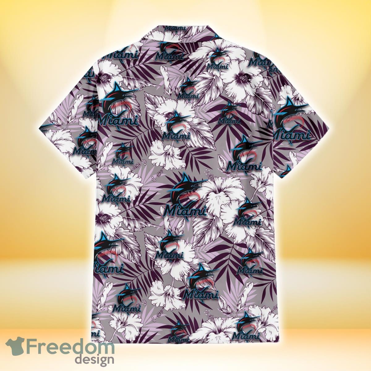 Miami Marlins White Purple Hibiscus Pink Hummingbird Pink Background 3D  Hawaiian Shirt Gift For Fans - Freedomdesign