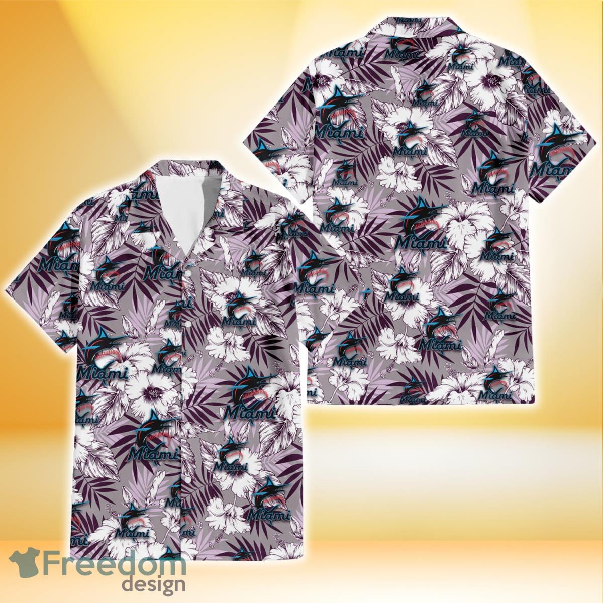 Miami Marlins White Hibiscus Violet Leaves Light Grey Background 3D Hawaiian Shirt Gift For Fans Product Photo 1