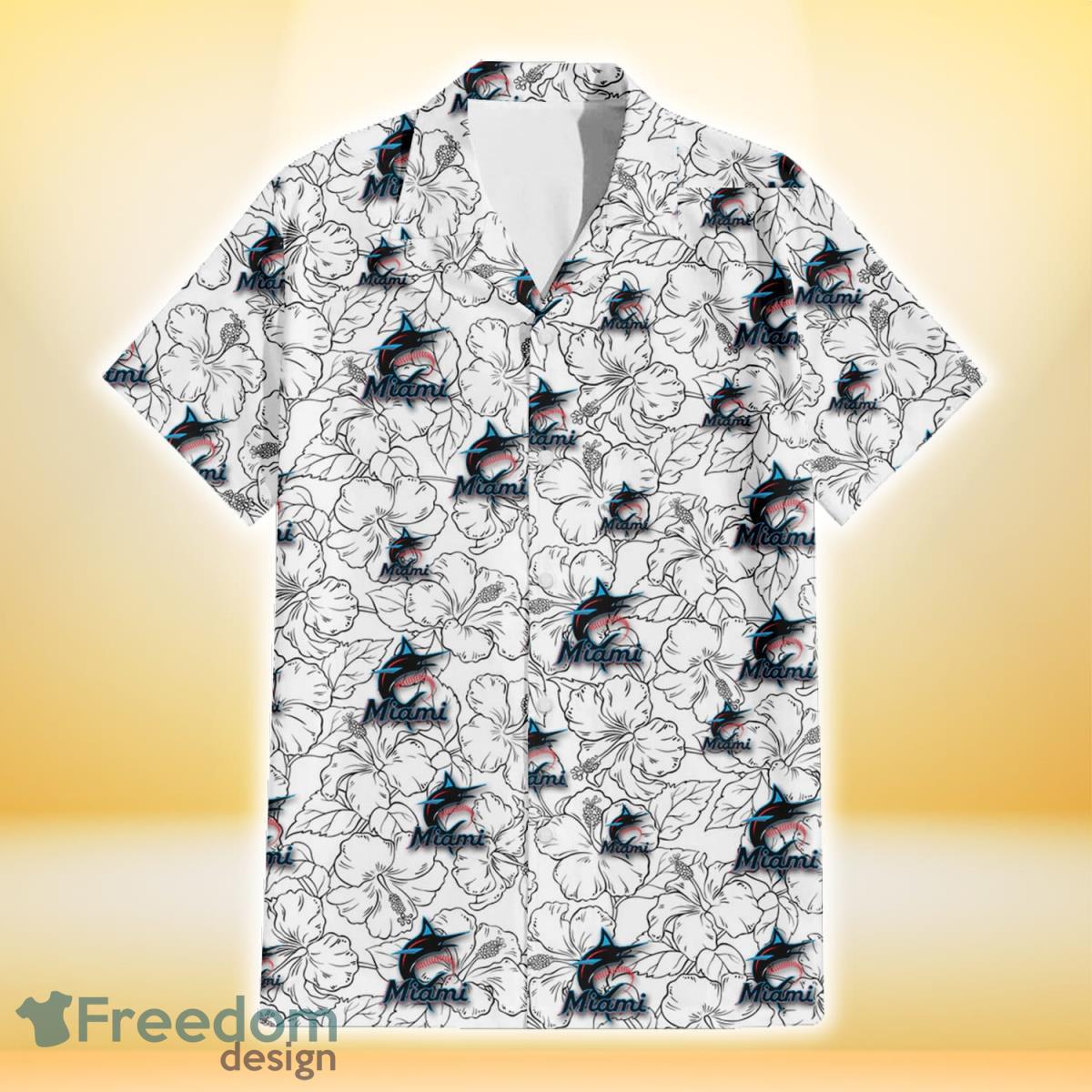 Miami Marlins White Sketch Hibiscus Pattern White Background 3D Hawaiian Shirt Gift For Fans Product Photo 2