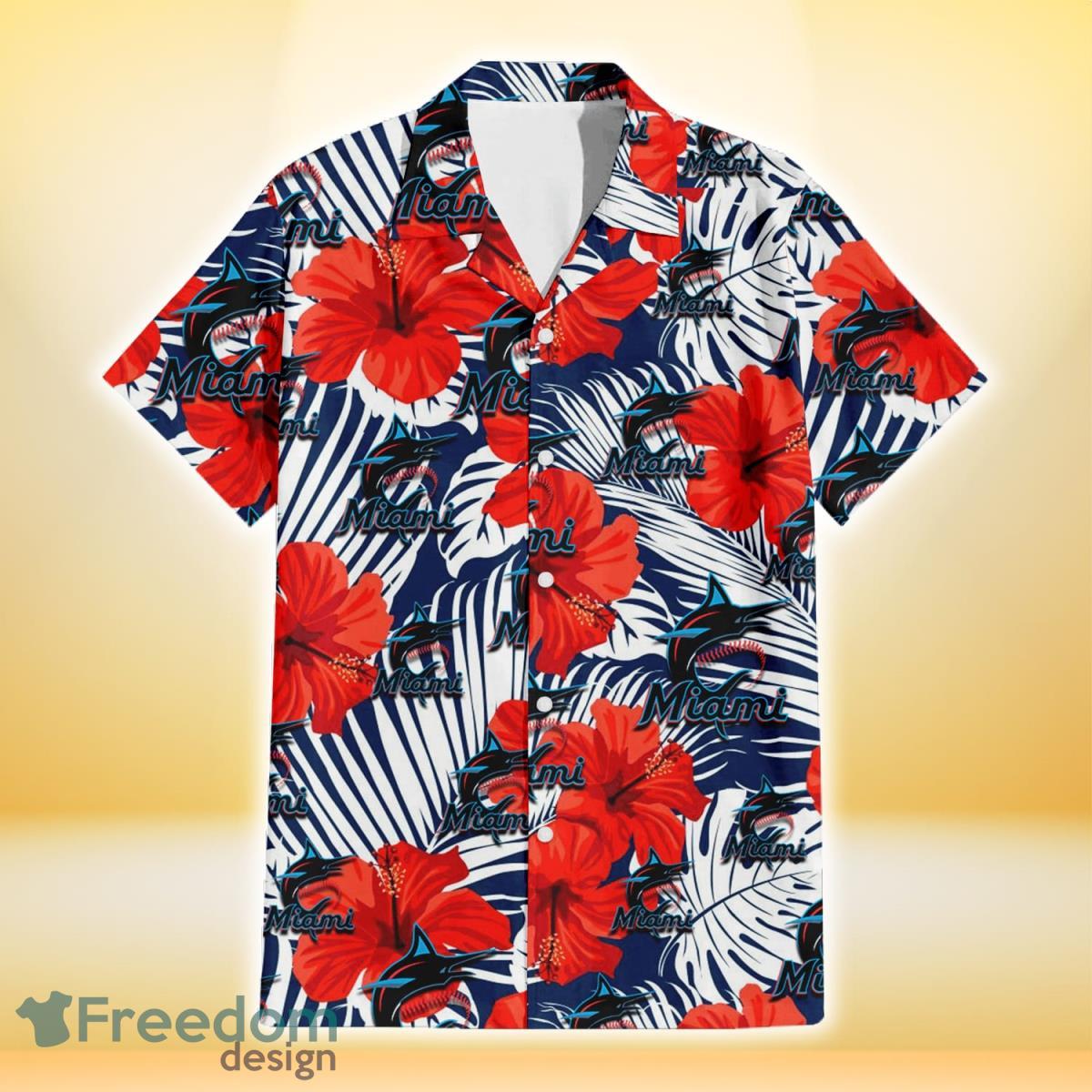 Miami Marlins White Tropical Leaf Red Hibiscus Navy Background 3D Hawaiian Shirt Gift For Fans Product Photo 2