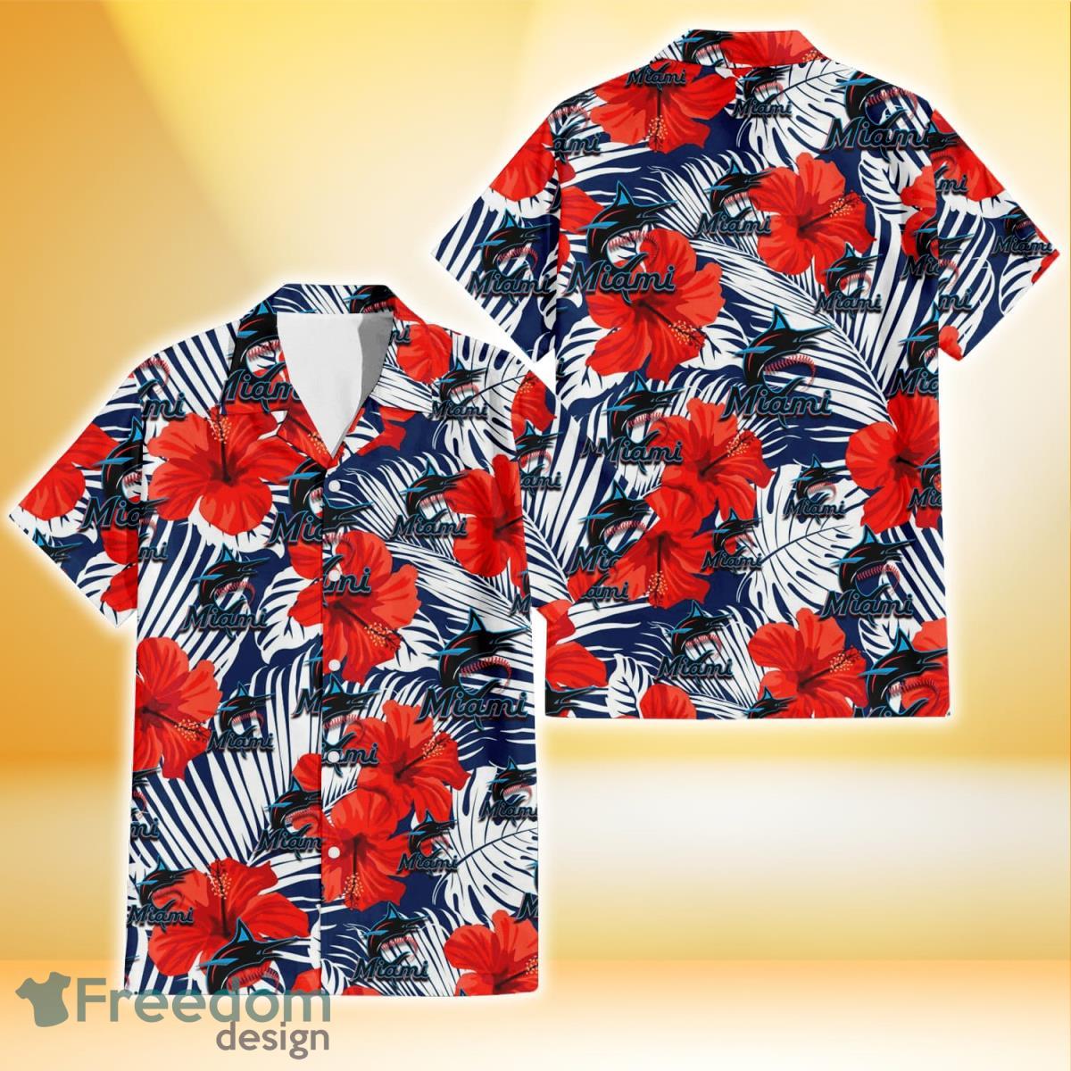 Miami Marlins Big Logo And Light Coral Hibiscus 3D Hawaiian Shirt