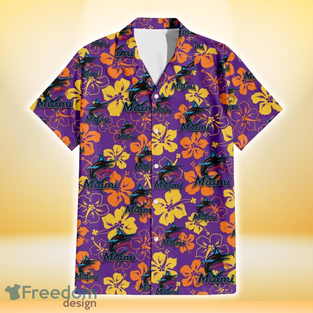 Miami Marlins Yellow And Orange Hibiscus Purple Background 3D Hawaiian Shirt Gift For Fans Product Photo 2