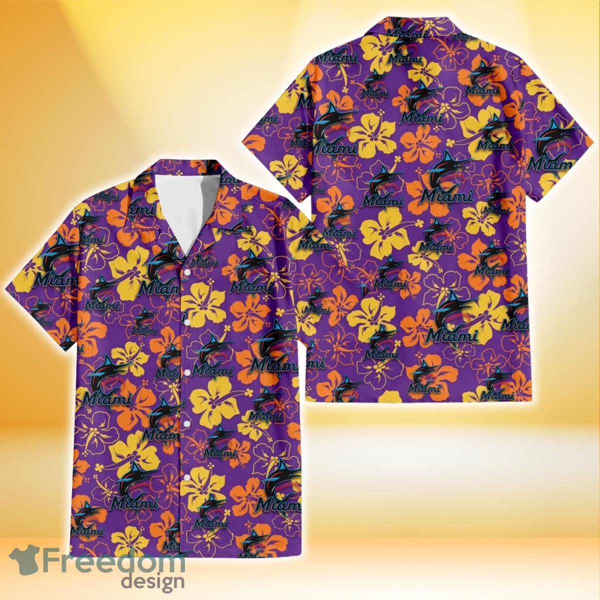 Miami Marlins Yellow And Orange Hibiscus Purple Background 3D Hawaiian Shirt Gift For Fans Product Photo 1