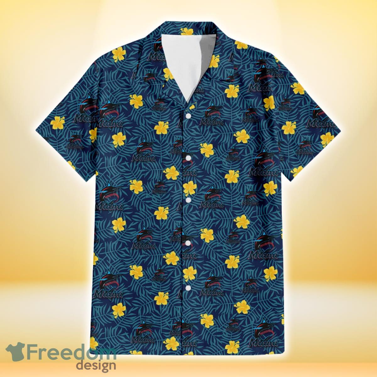 Miami Marlins Yellow Hibiscus Cadet Blue Leaf Navy Background 3D Hawaiian Shirt Gift For Fans Product Photo 2