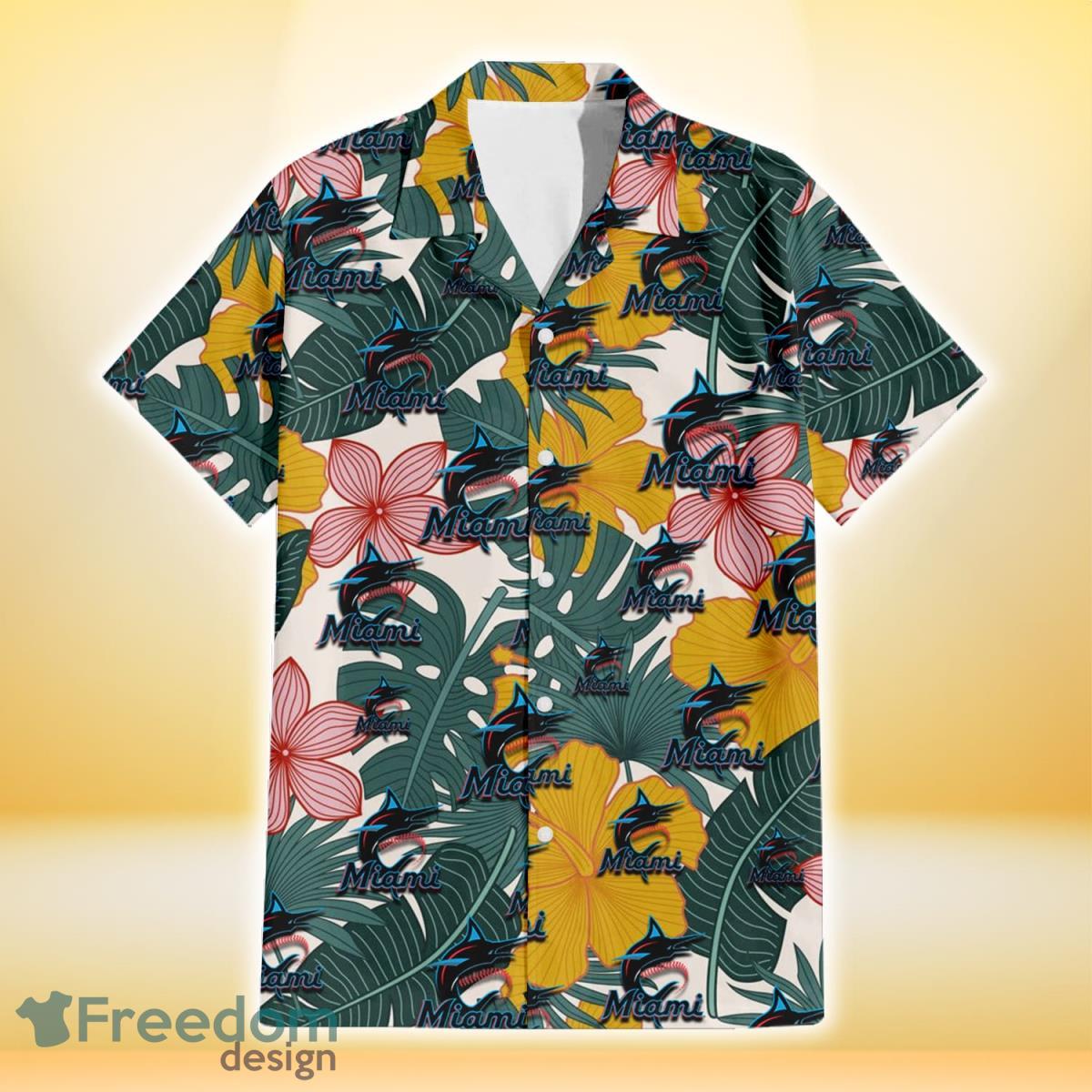 Miami Marlins Yellow Hibiscus Green Banana Leaf Pink Porcelain Flower 3D Hawaiian Shirt Gift For Fans Product Photo 2