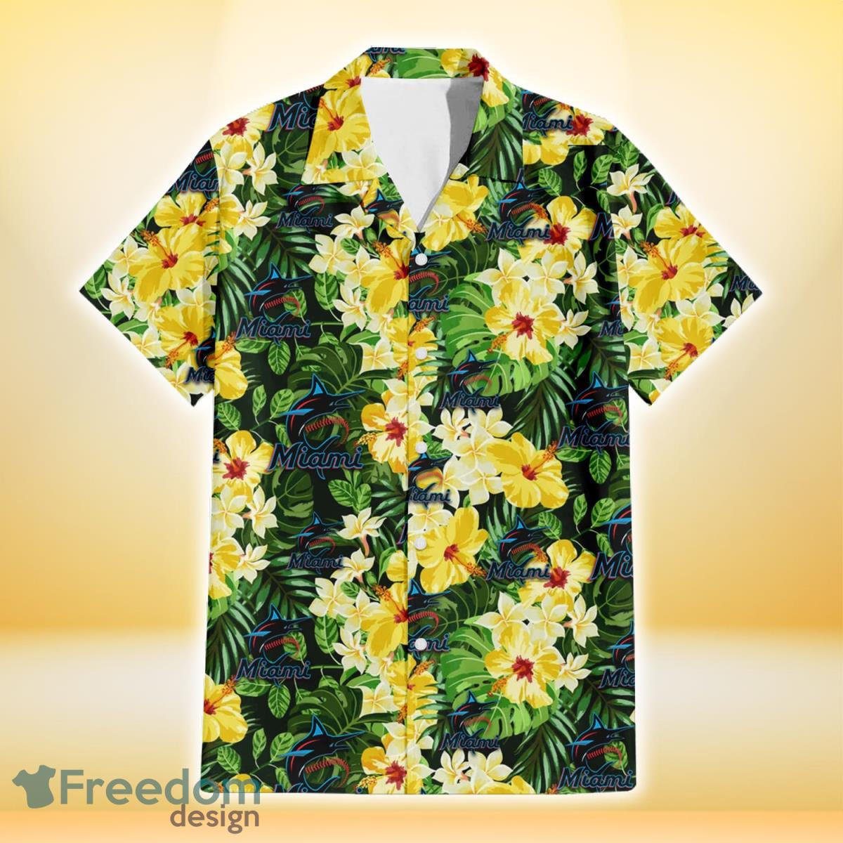 Miami Marlins Yellow Hibiscus Tropical Green Leaf Black Background 3D Hawaiian Shirt Gift For Fans Product Photo 2