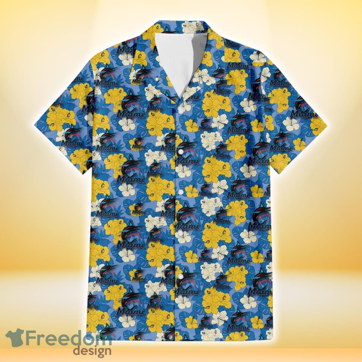 Miami Marlins Yellow White Hibiscus Powder Blue Background 3D Hawaiian Shirt Gift For Fans Product Photo 2