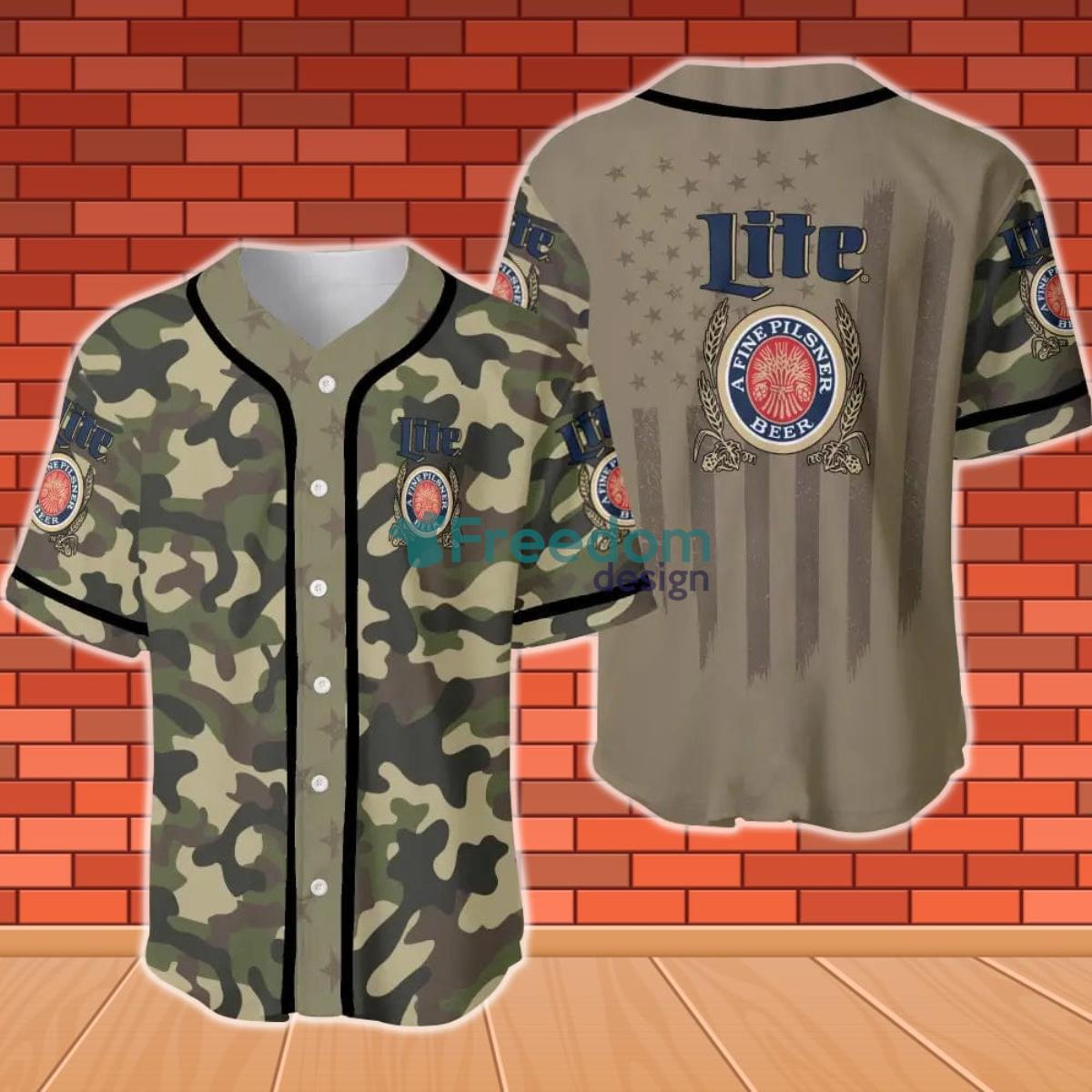 Miller Lite Camouflage Green United States Flag Baseball Jersey Product Photo 1